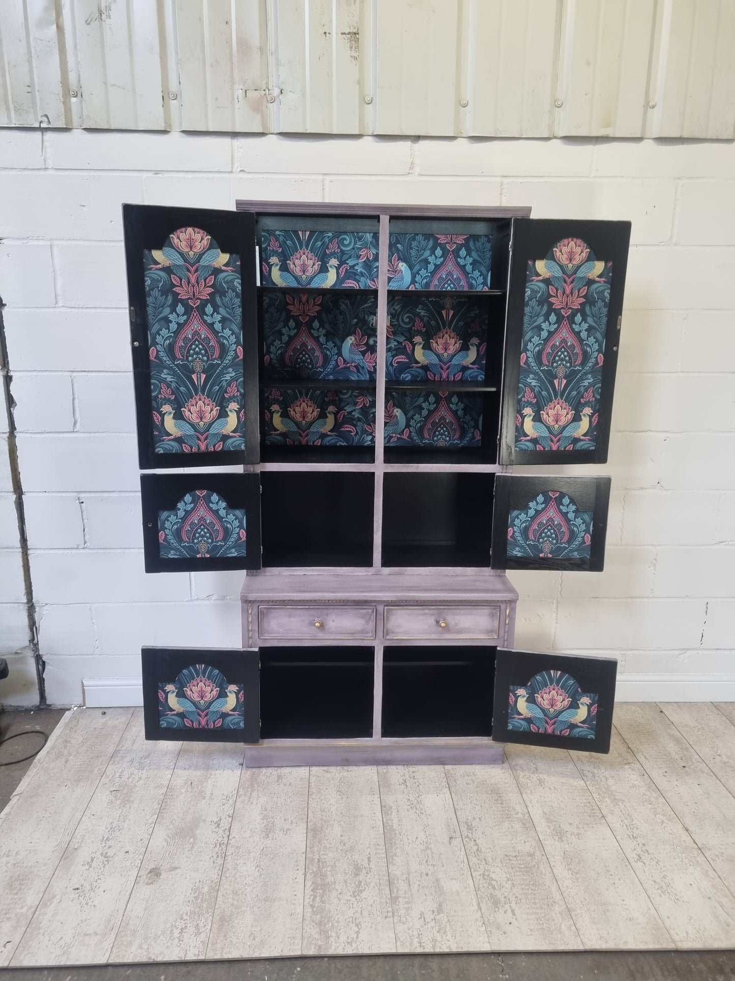 Hand Painted Vintage Cabinet – Upcycled Drinks Cabinet with Lights & Wallpaper Interior