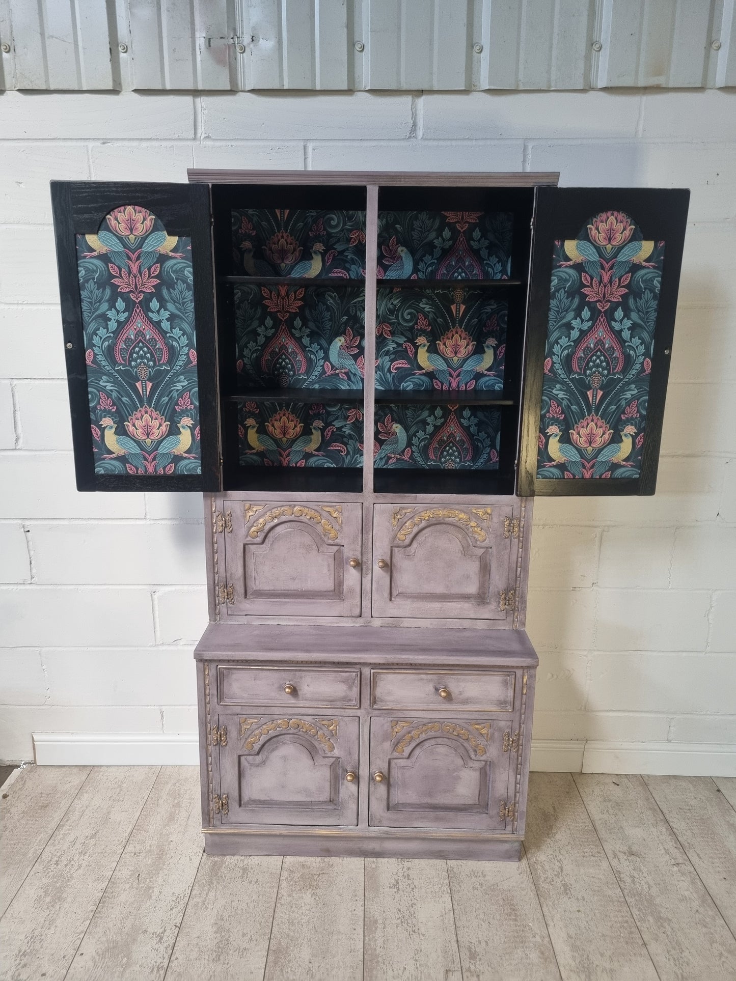 Hand Painted Vintage Cabinet – Upcycled Drinks Cabinet with Lights & Wallpaper Interior