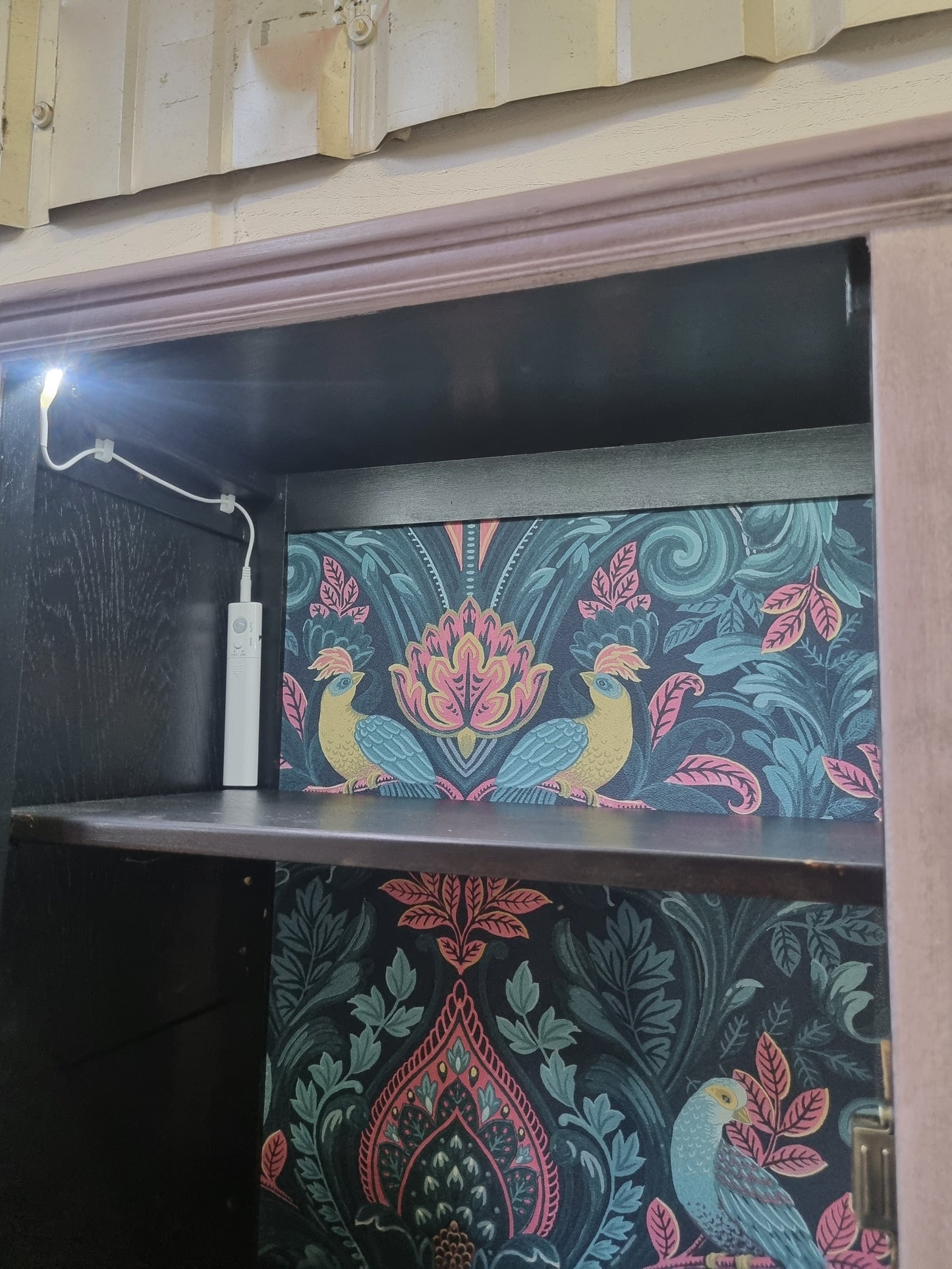 Hand Painted Vintage Cabinet – Upcycled Drinks Cabinet with Lights & Wallpaper Interior