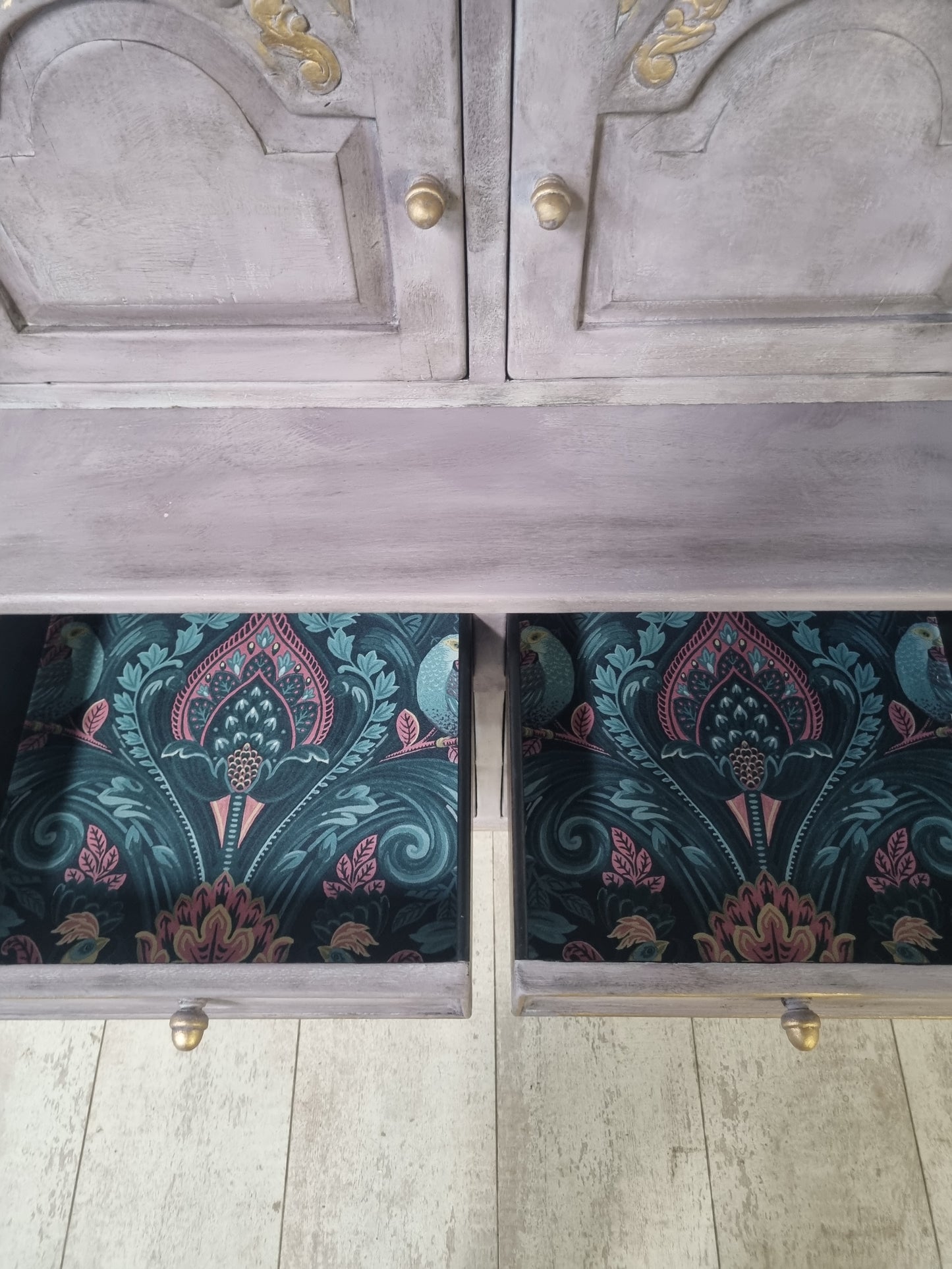 Hand Painted Vintage Cabinet – Upcycled Drinks Cabinet with Lights & Wallpaper Interior